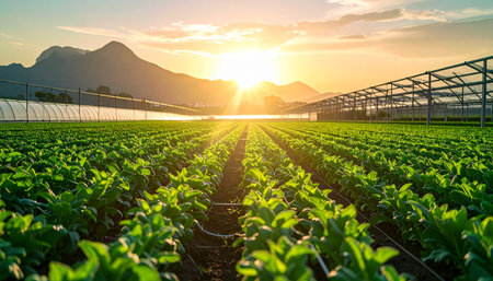 Lettuce field in the morning with sun light and mountain backgroundの素材