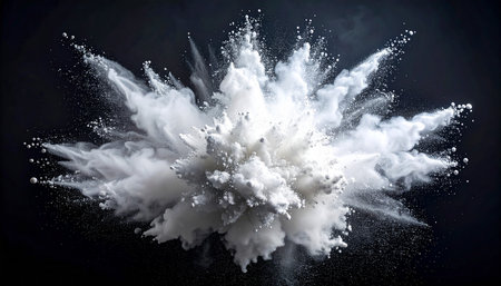 Explosion of white powder on black background. 3D rendering.の素材
