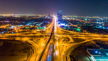 Aerial view of highway in Dubai, United Arab Emirates at nightの素材