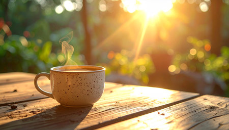 Coffee cup on the wooden table with morning sunlight background.の素材