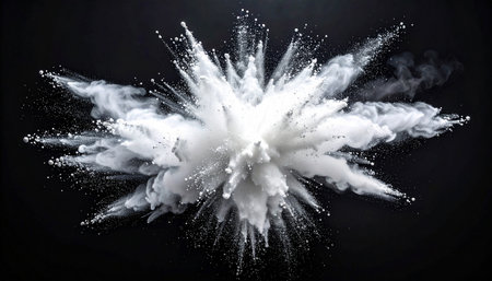 Explosion of white smoke on black background. 3D rendering.の素材