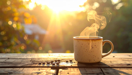 Cup of coffee on a wooden table in the garden at sunsetの素材