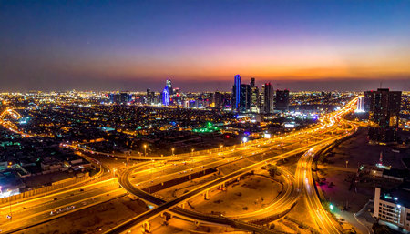 Aerial view of highway and cityscape in Dubai, United Arab Emiratesの素材