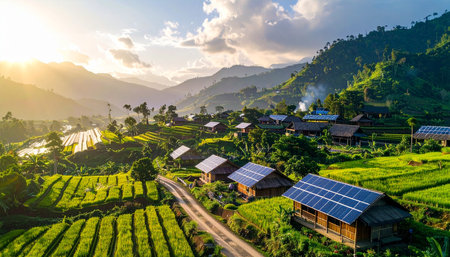 Panorama of rice terraces and village with solar panels at sunset.の素材