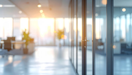 Glass door in modern office interior. 3d rendering mock up blurred backgroundの素材
