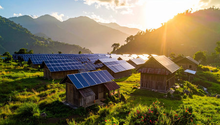 Solar panels in the highlands of Nepal. Photovoltaic cells in the mountains.の素材