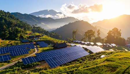 Solar panels on the green field with sunlight in the morning, Alternative energy conceptの素材