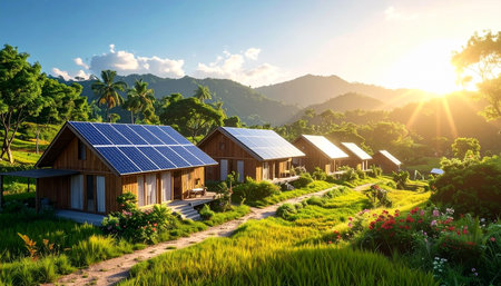 Solar panels on the roof of a small house in the rice field.の素材