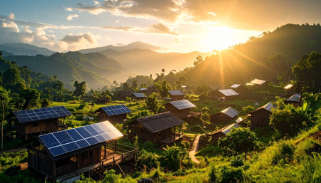 Solar panels on the mountain at sunset, Mae Hong Son, Thailandの素材