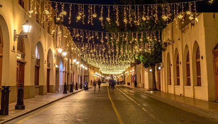 Night view of the street with christmas lights in Barcelona, Spainの素材