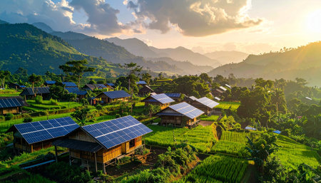 Solar panels on terraced rice fields in Bali, Indonesia.の素材