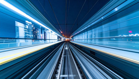 Motion blur of high speed train moving in urban tunnel at night.の素材