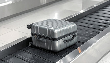 Luggage on conveyor belt in airport, closeup of photoの素材