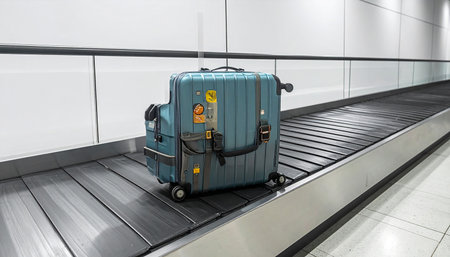 Suitcase on the conveyor belt in a modern airport.の素材