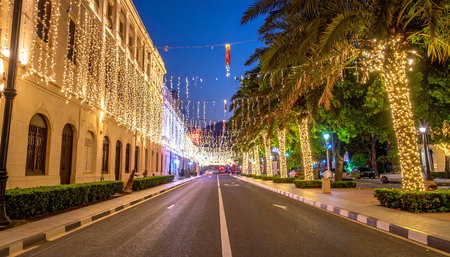 The street decorated with Christmas lights in Bangkok, Thailand.の素材