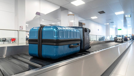 Blue luggage on conveyor belt in airport terminal. Travel and tourism conceptの素材