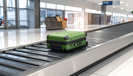 Green suitcase on conveyor belt in airport. Travel and tourism conceptの素材