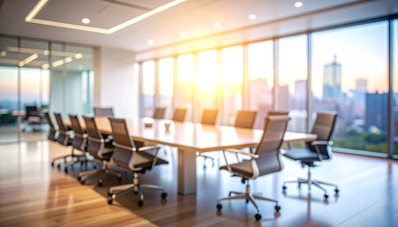 Abstract blur meeting room interior with city view background,Business meeting conceptの素材