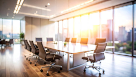 Abstract blur and defocused meeting room interior for business and education backgroundの素材