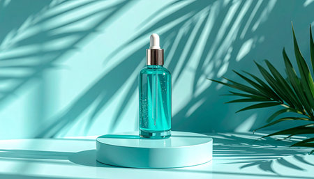 Cosmetic bottle on white podium with palm leaves shadows. 3D renderingの素材