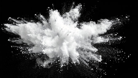 Explosion of white powder on black background. Colored cloud.の素材