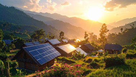 Solar panels on the roof of a house in the rice field at sunset.の素材
