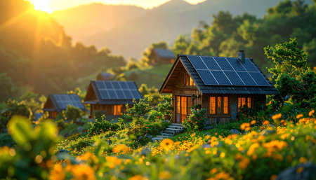 Sunset in the mountains with a wooden house and solar panels.の素材