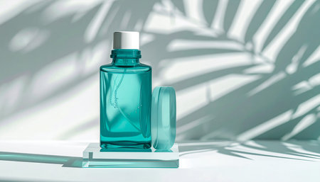 Cosmetic bottle on white background with shadows from palm leaves. 3d renderの素材