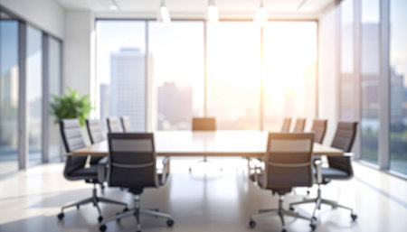 Modern meeting room interior with panoramic window and city view. 3D Renderingの素材
