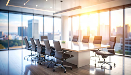 Modern conference room interior with city view and daylight. 3D Renderingの素材