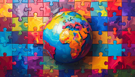 Globe and puzzle pieces as a symbol of global communication concept.の素材