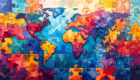 Puzzle world map. Multicolored puzzle pieces. Abstract background.の素材