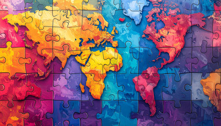 Puzzle world map on colorful background. Multicolor illustration.の素材