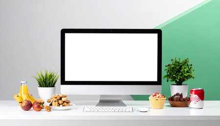Computer with blank screen on white table and green wall background. Mock upの素材