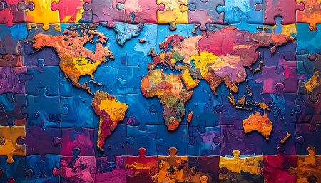 World map made of jigsaw puzzle pieces as concept of global businessの素材