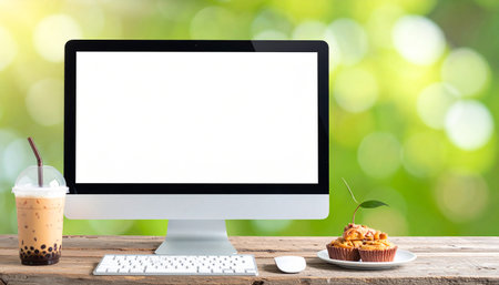 Computer on wooden table with cup of coffee and cake on nature backgroundの素材