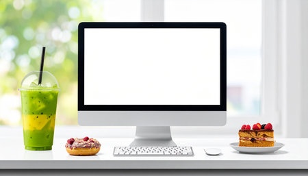 Computer with blank screen on white table with cup of green tea and cakeの素材
