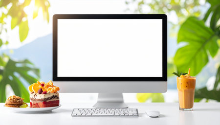 Mockup computer with blank screen, cup of coffee, fruit and cake on white table.の素材