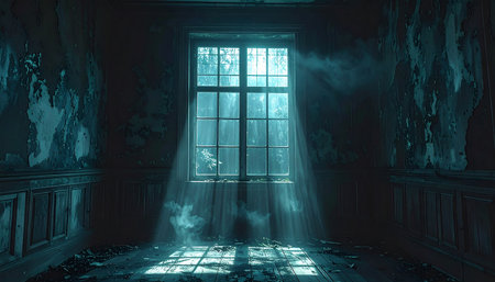 Horror scene with a window in the dark room, 3d renderの素材