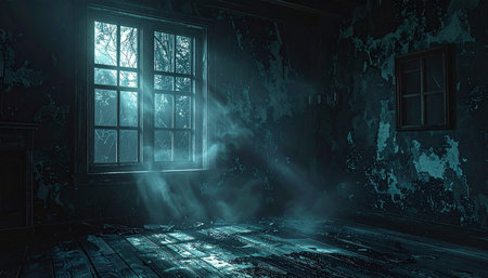 Dark abandoned room with window and lights. 3D rendering image.の素材