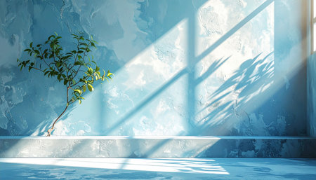 green plant in blue room with window and sunlight. 3d renderingの素材