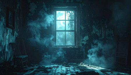 Mysterious old room with window and lights. 3D renderingの素材