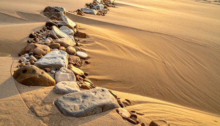 Stone walkway on sand beach at sunset. Natural summer background.の素材