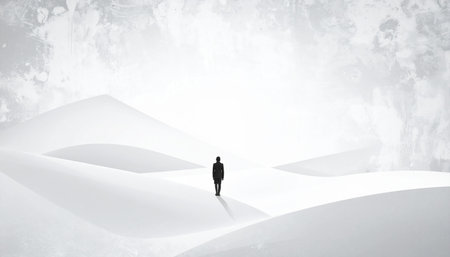 Businessman standing in the middle of a white paper landscape with copy spaceの素材