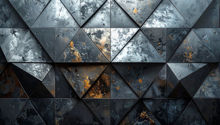 3d rendering of abstract geometric background with black and golden marble patternの素材