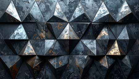 3d render of abstract geometric background with black and golden triangular patternの素材