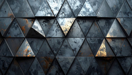 3d illustration of abstract geometric composition made of black and golden trianglesの素材