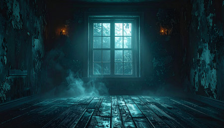 Dark abandoned room with window and fog. 3D rendering image.の素材