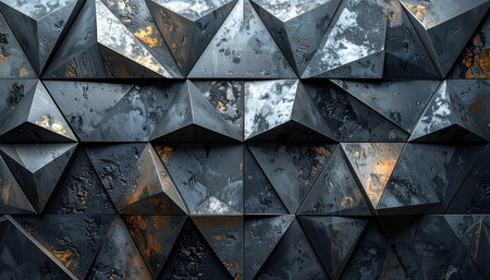 3d rendering of abstract geometric shapes in black and gold colors.の素材