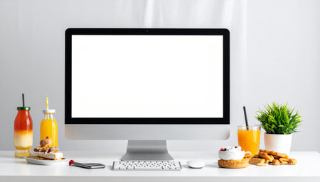 Modern workspace with blank screen computer monitor, coffee cup, orange juice and other itemsの素材
